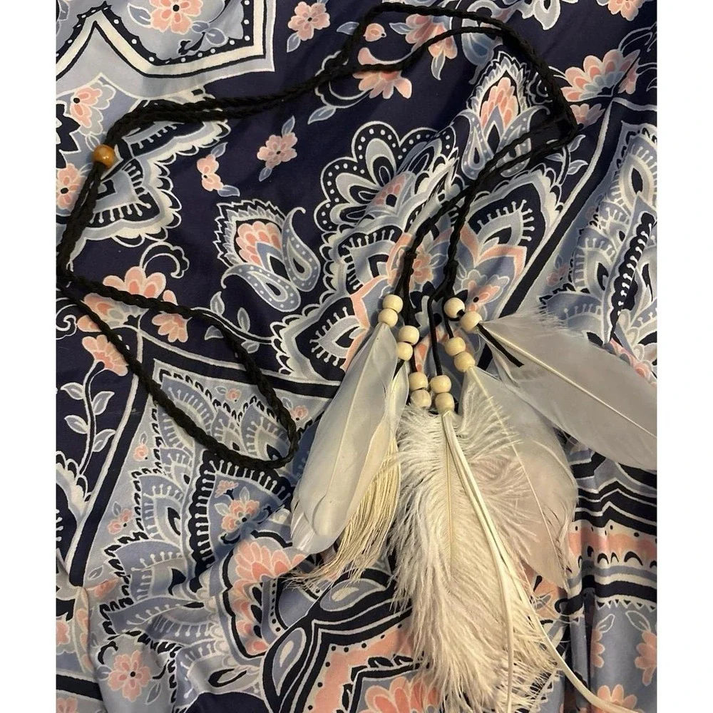 NEW Boho White Feathers Festival Leather Suede Wraparound Headband